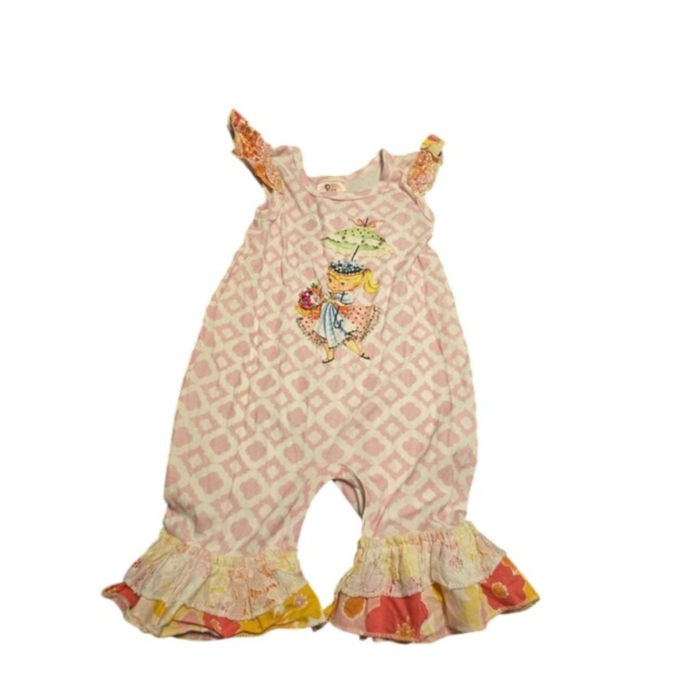 Haute Baby Purrfect Collection Girls Pink Quatrefoil Ruffle Romper Vintage